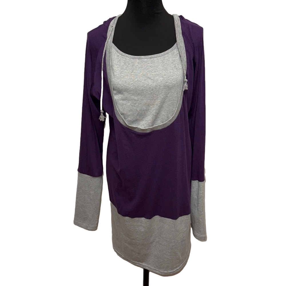 Allegra K XL Purple Gray Hooded Layered Tunic Dress Athleisure Casual